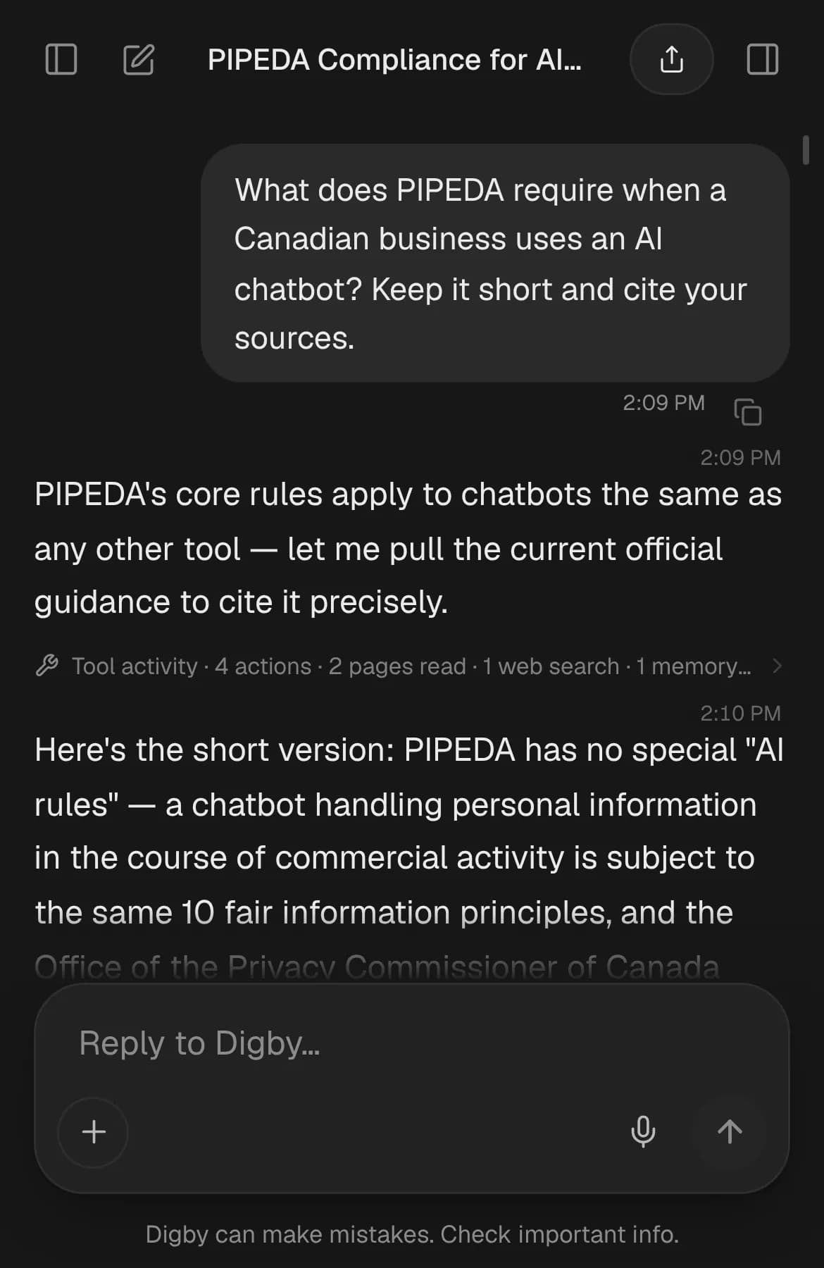Digby answering a question about what PIPEDA requires of a Canadian business using an AI chatbot, with its web research shown