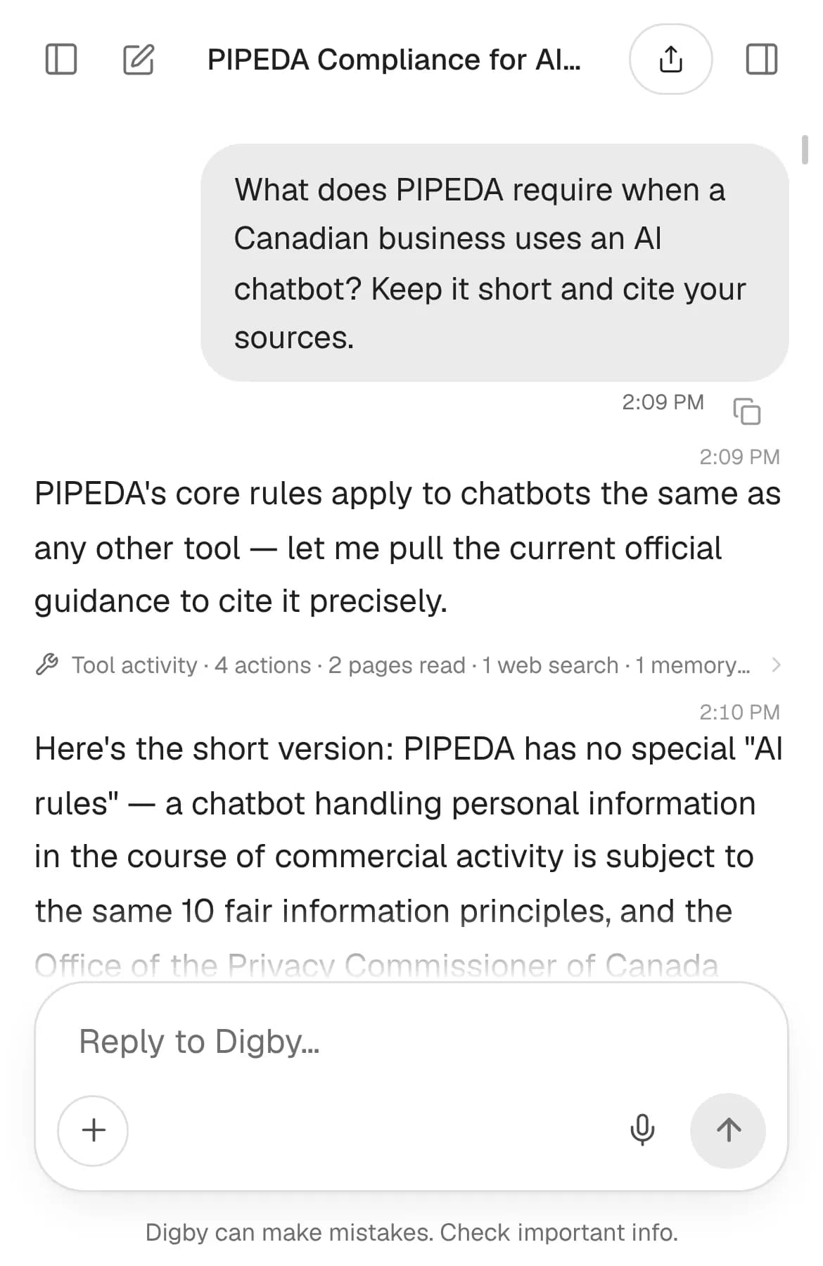Digby answering a question about what PIPEDA requires of a Canadian business using an AI chatbot, with its web research shown