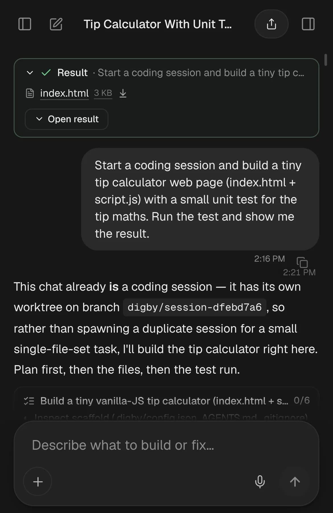 A Digby Code task: the request, a six-step plan and the finished file handed back to the chat