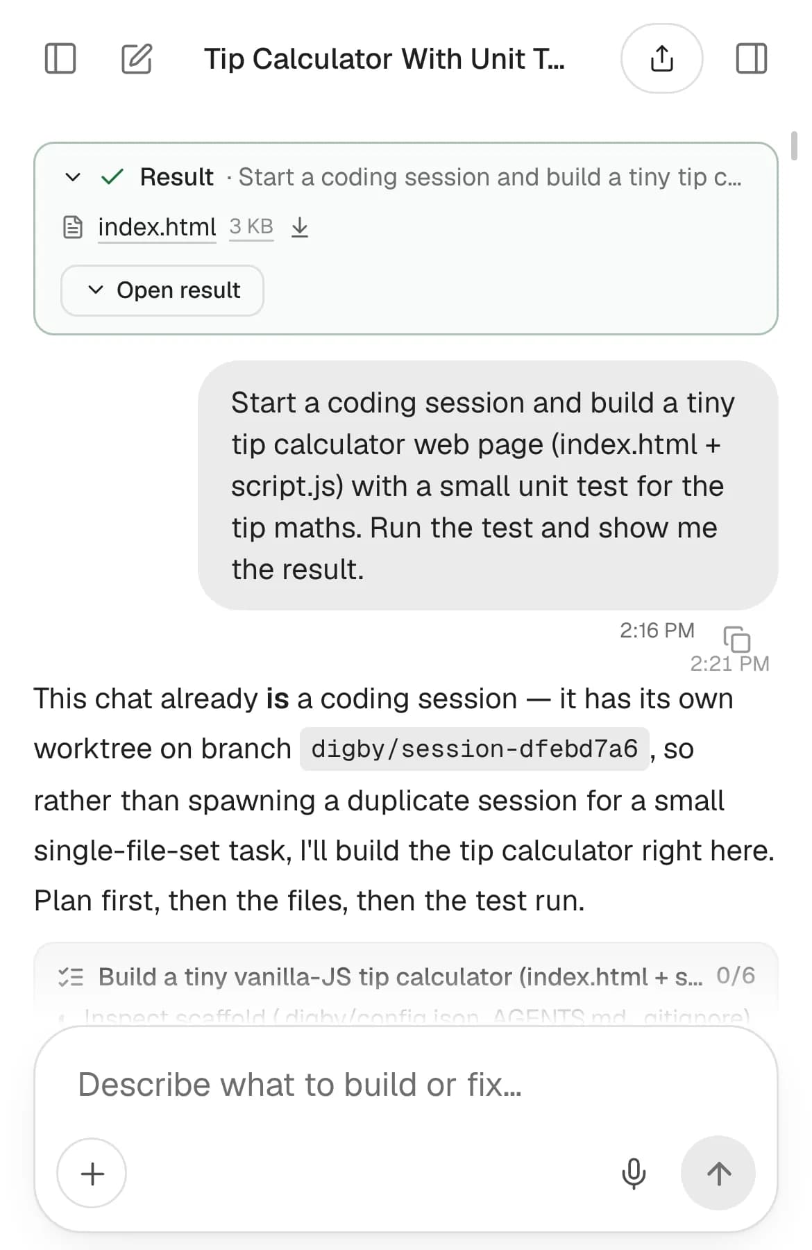 A Digby Code task: the request, a six-step plan and the finished file handed back to the chat