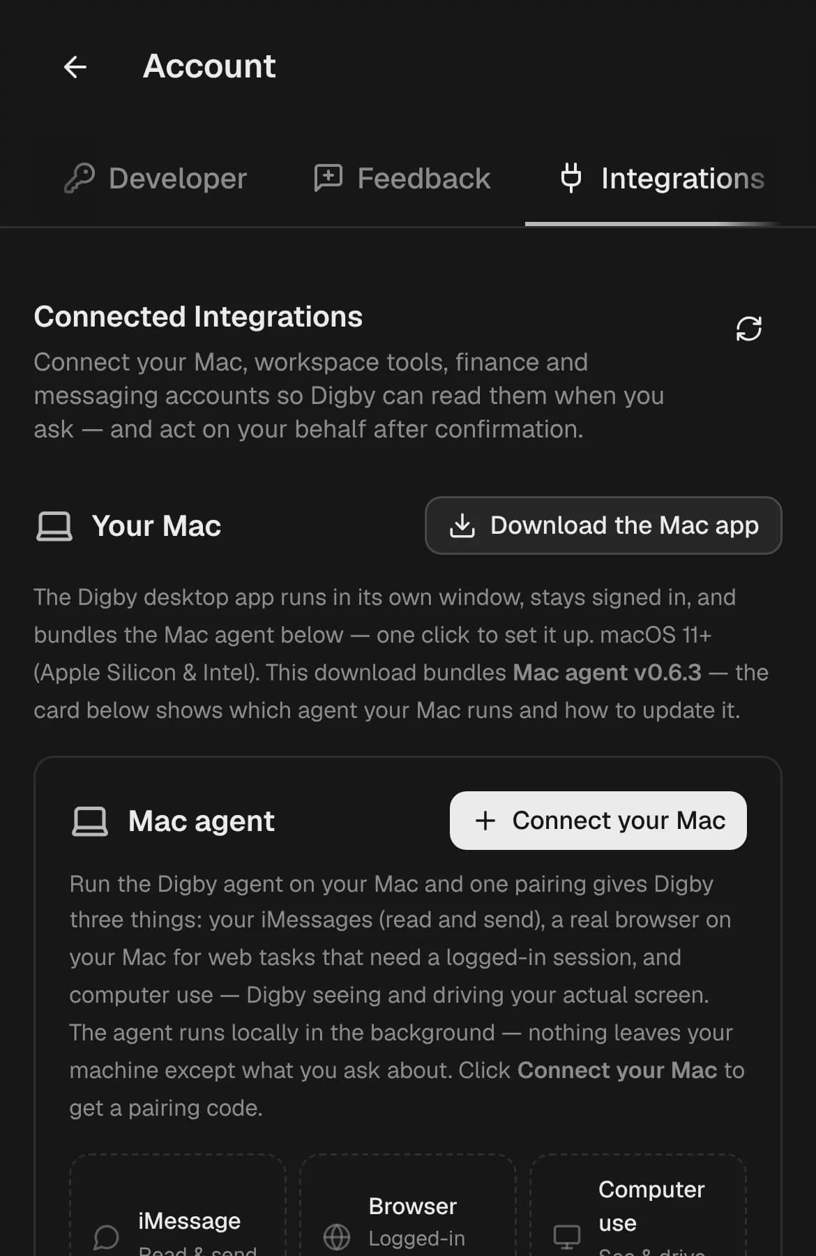 Digby’s integrations settings with options to connect a Mac, Google Workspace and GitHub