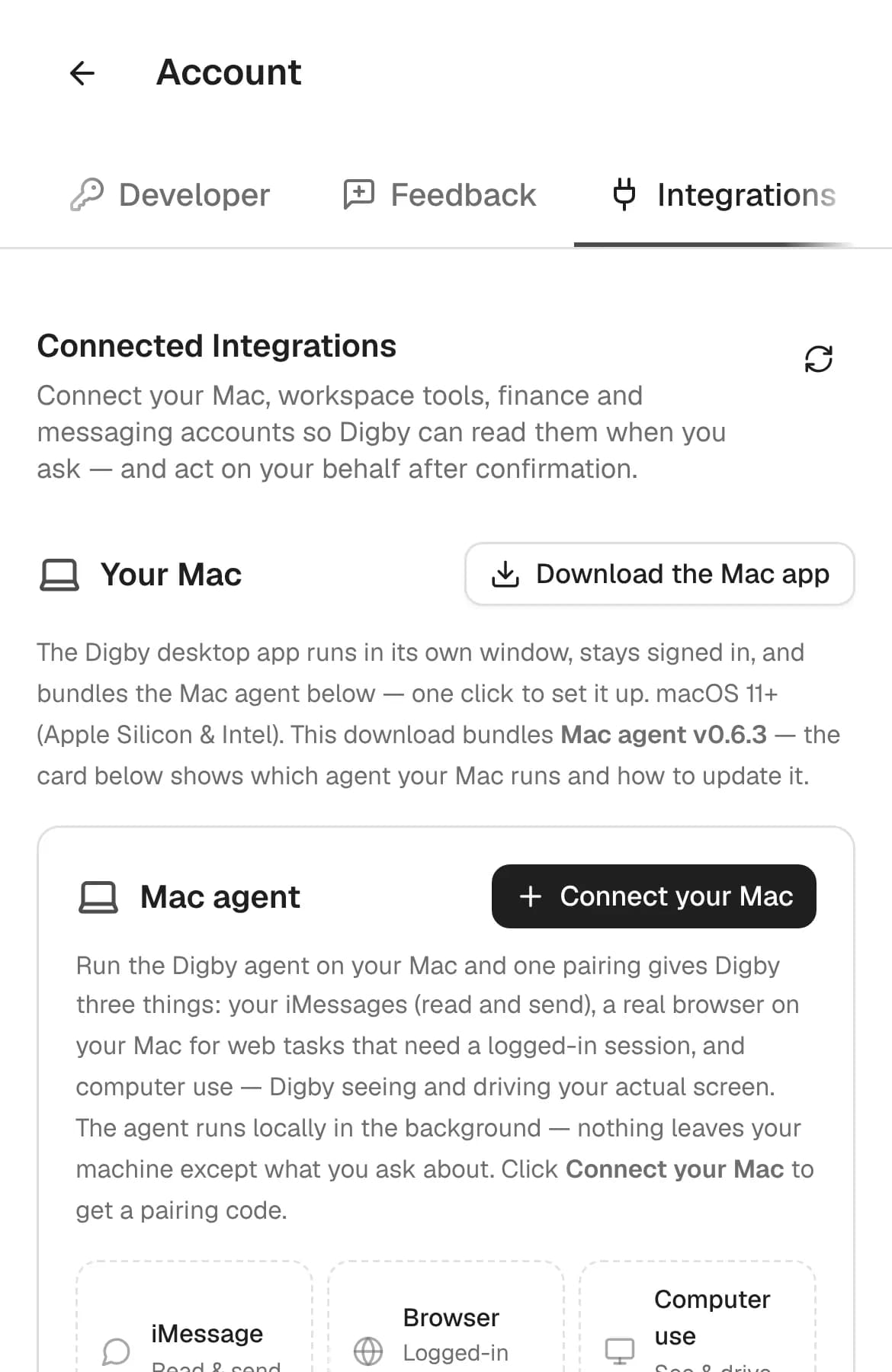 Digby’s integrations settings with options to connect a Mac, Google Workspace and GitHub