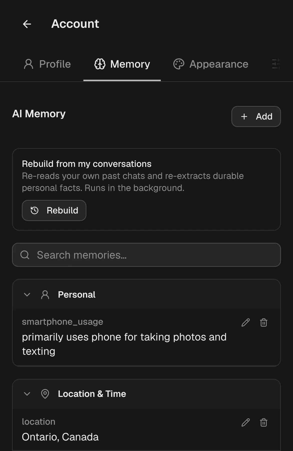 Digby’s memory settings listing saved facts, each with edit and delete buttons
