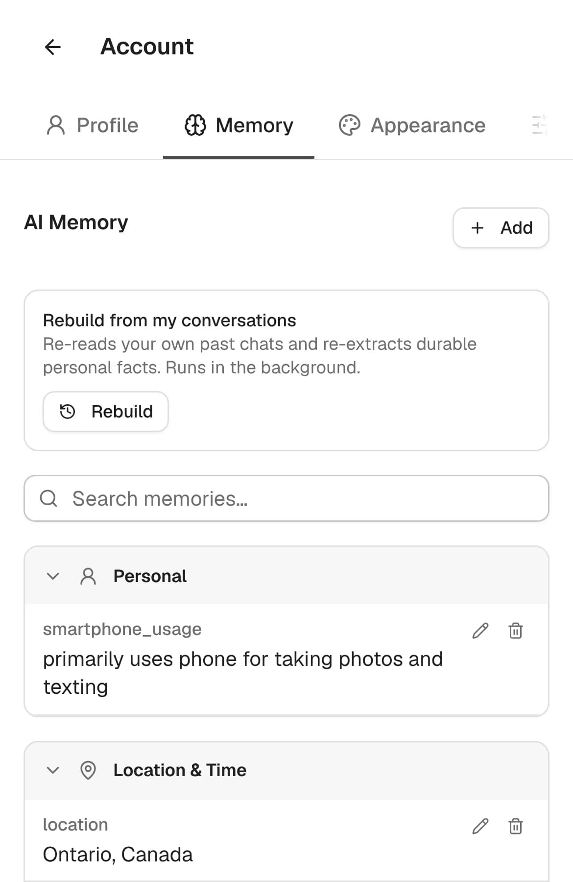 Digby’s memory settings listing saved facts, each with edit and delete buttons