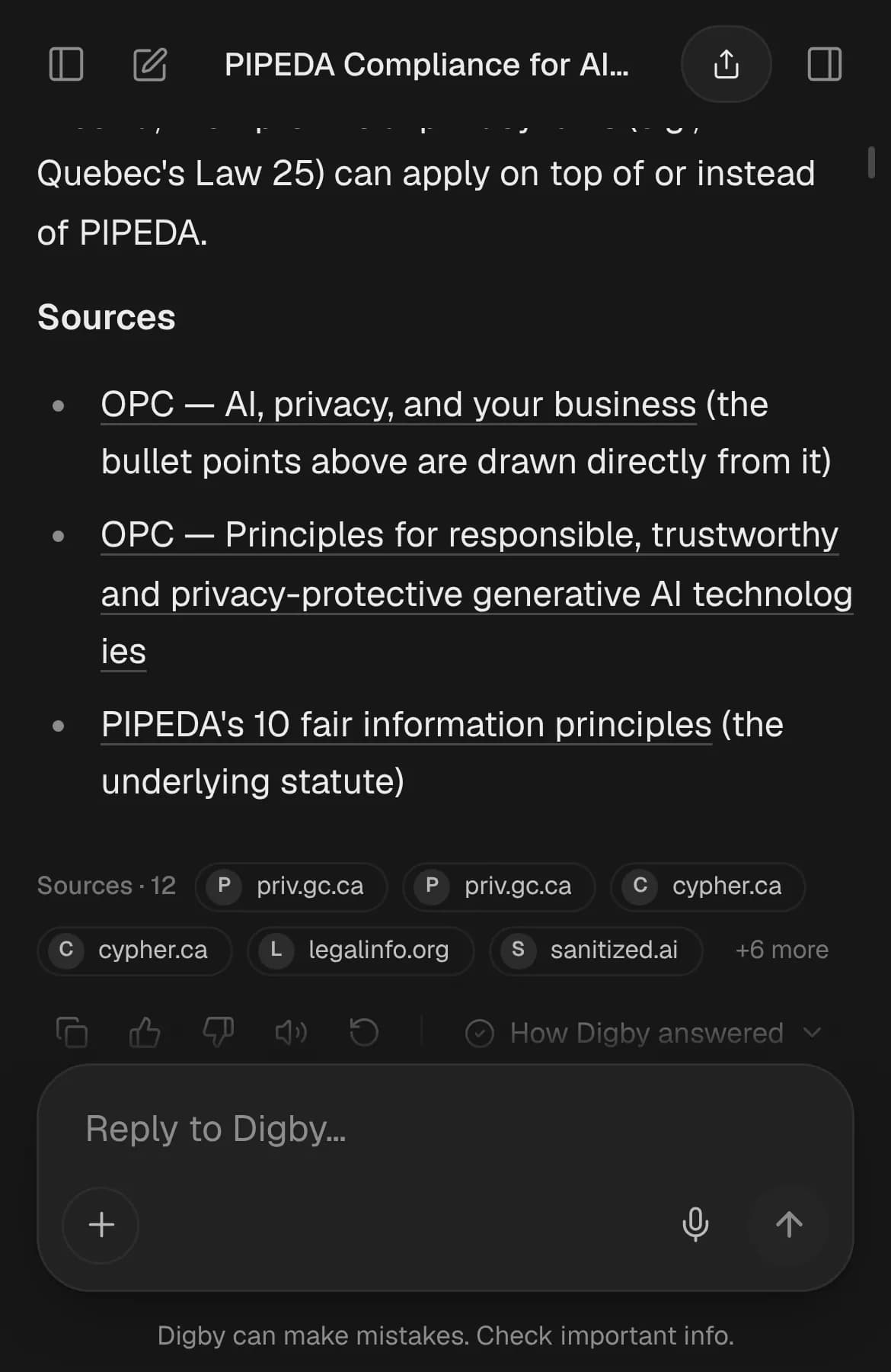 The end of a Digby answer: a list of cited sources, the “How Digby answered” panel and the “Dig deeper” button