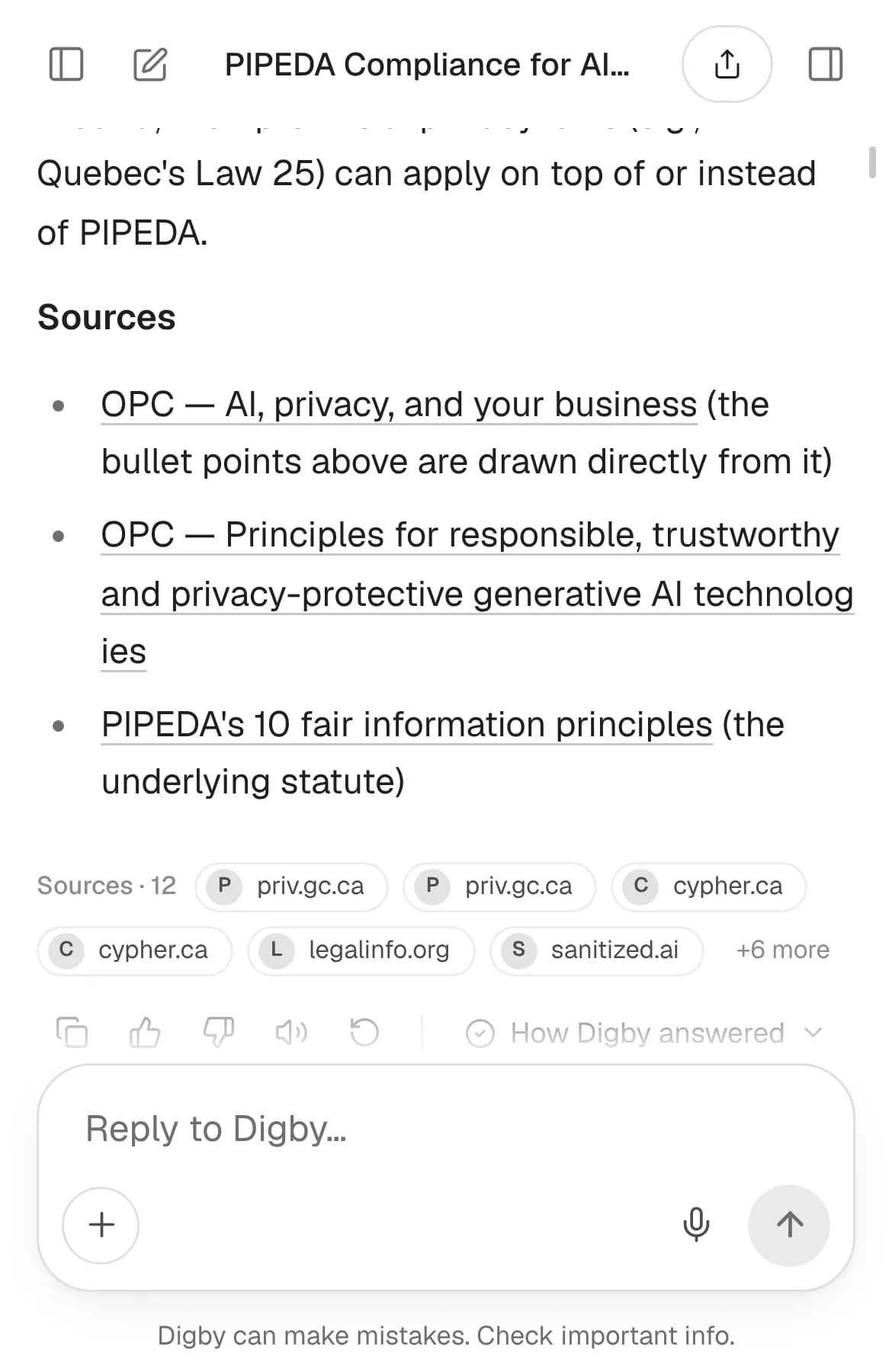 The end of a Digby answer: a list of cited sources, the “How Digby answered” panel and the “Dig deeper” button